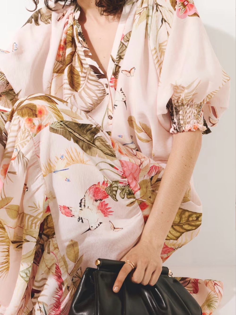H&M Pink and Olive Floral/Butterfly/Bird Midi Dress